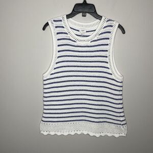 J.CREW Sleeveless Sweater Women Large Blue Stripe NEW Cotton Crochet Knit BZ995